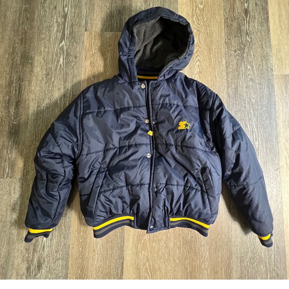Starter Reversible Puffer Jacket Kids Size L Navy‎ Yellow Hooded Varsity Coat
